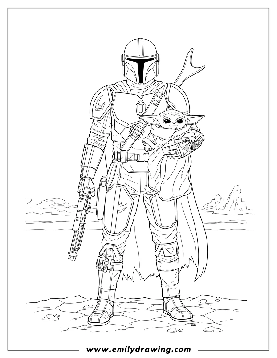 Downloadable coloring page of realistic Mandalorian in his full armor, holding a blaster and carrying Baby Yoda (Grogu) wrapped in a blanket