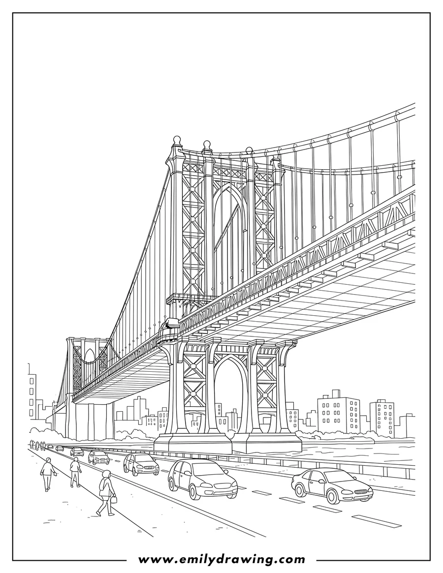 Printable coloring page of realistic Manhattan Bridge New York with a street and cars