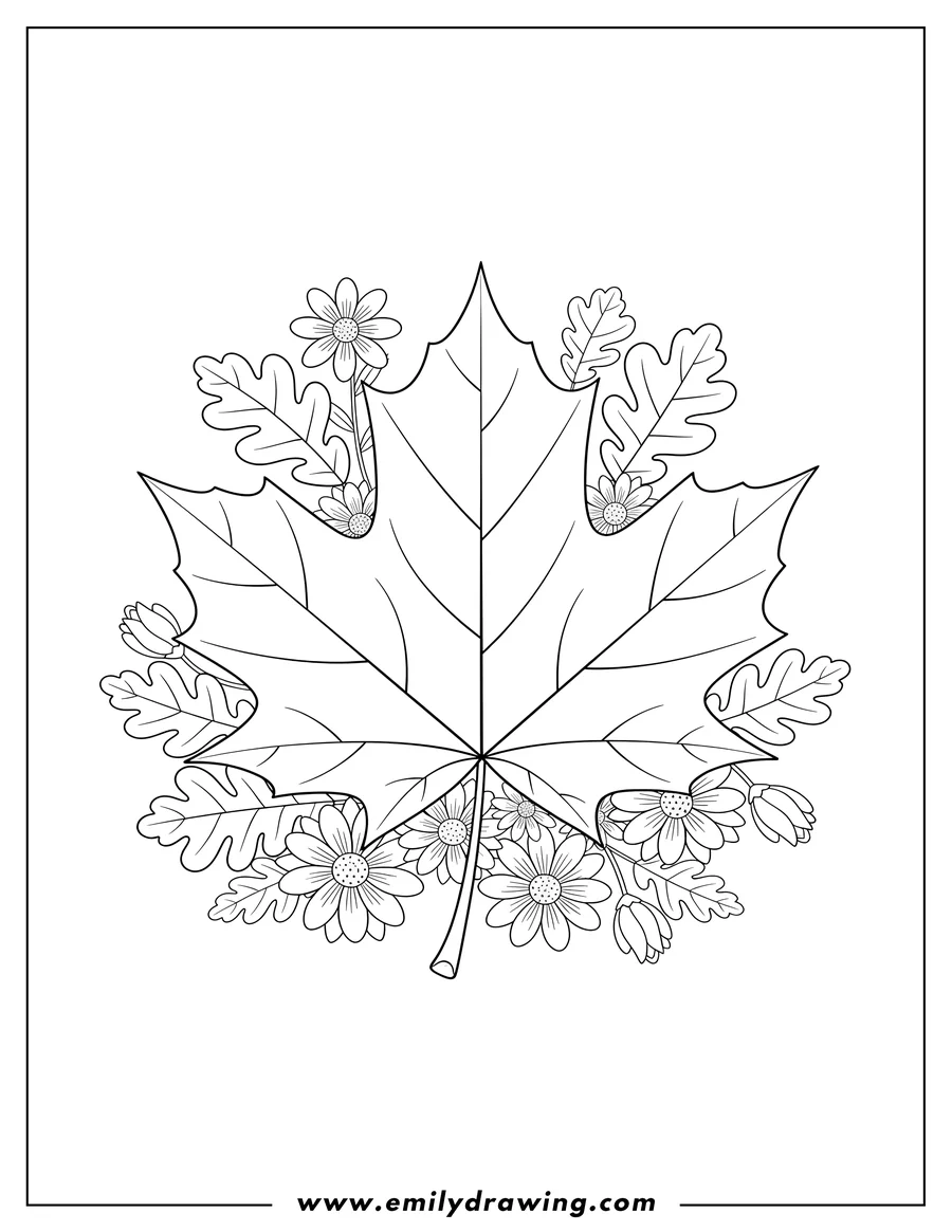 Full page coloring image of realistic maple leaf coloring page, surrounded by smaller oak leaves and flowers