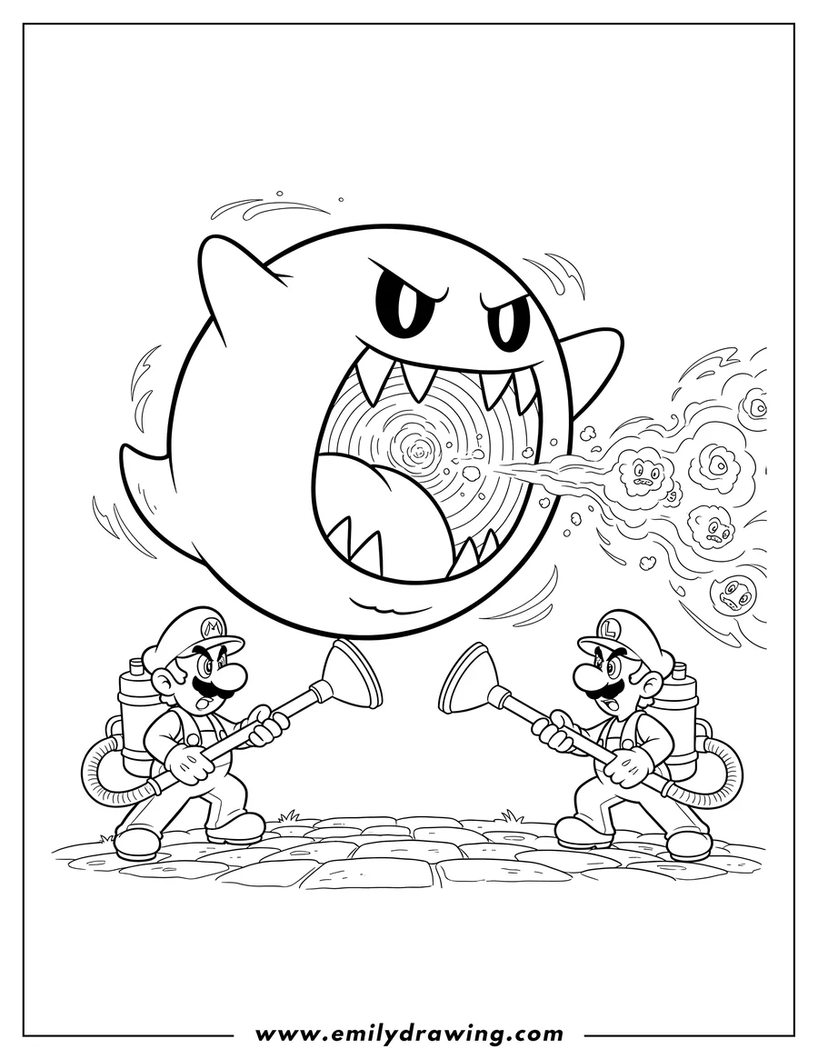 Printable line art of mario and Luigi battling a giant Boo with open mouth, using plungers and vacuum packs