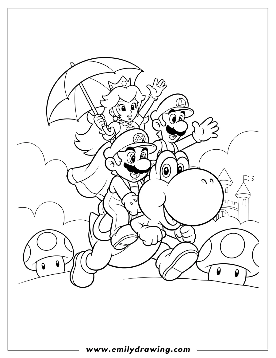 High quality printable mario, Luigi, and Princess Peach riding Yoshi for coloring
