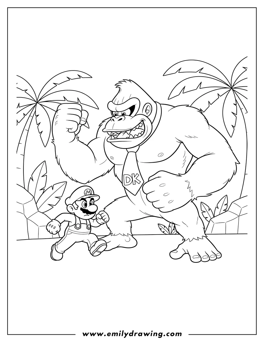 Free to print drawing of mario And Donkey Kong Scaled, Mario running, Donkey Kong in a fighting stance