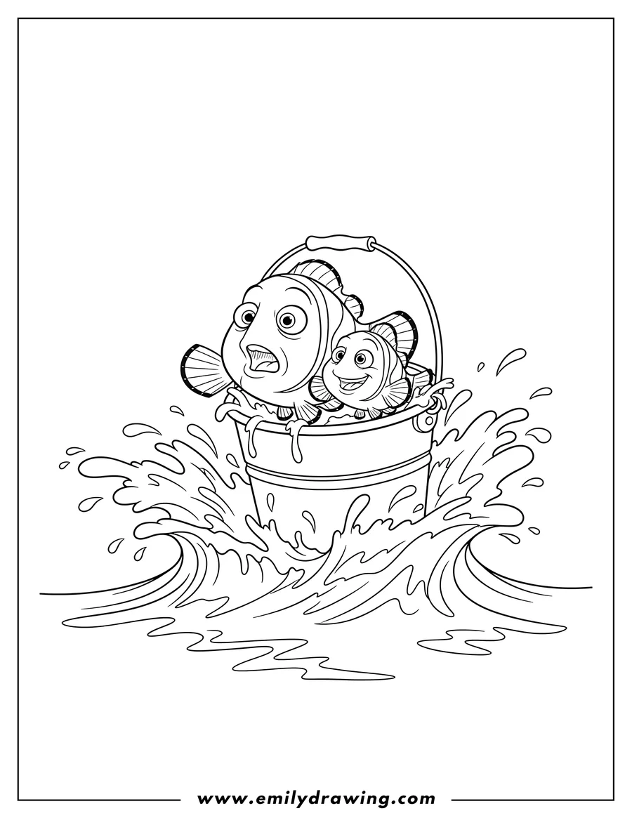 Black and white line art of marlin And Nemo Being Scooped Up Bucket, Marlin wide-eyed and shocked, Nemo smiling, with splashing water