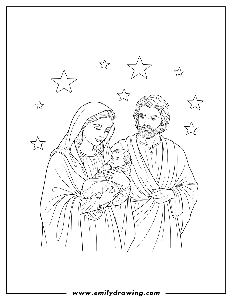 Outline drawing of realistic Mary holding swaddled Baby Jesus, and Joseph looking at them, with a starry background