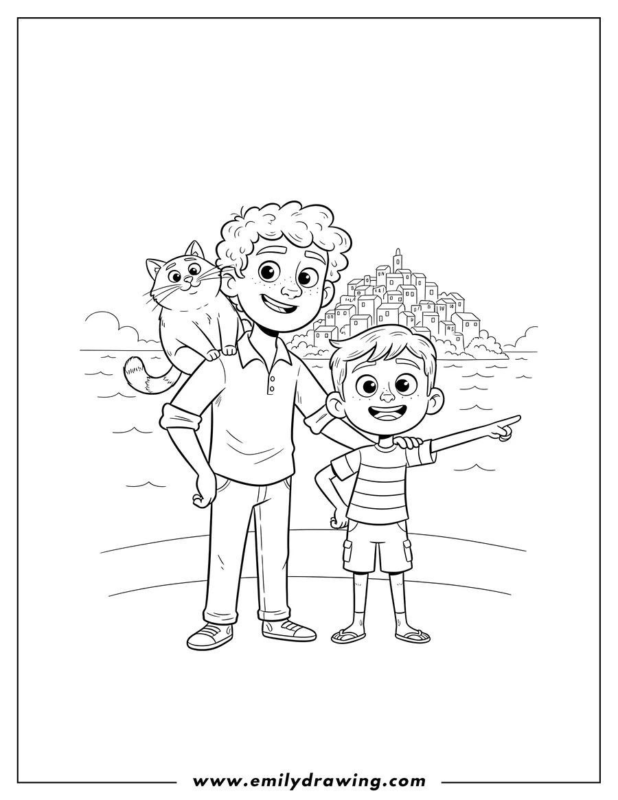 Doodle style coloring picture of massimo Marcovaldo Machiavelli And Alberto, with a cat on Massimo's shoulder, and Alberto smiling and pointing