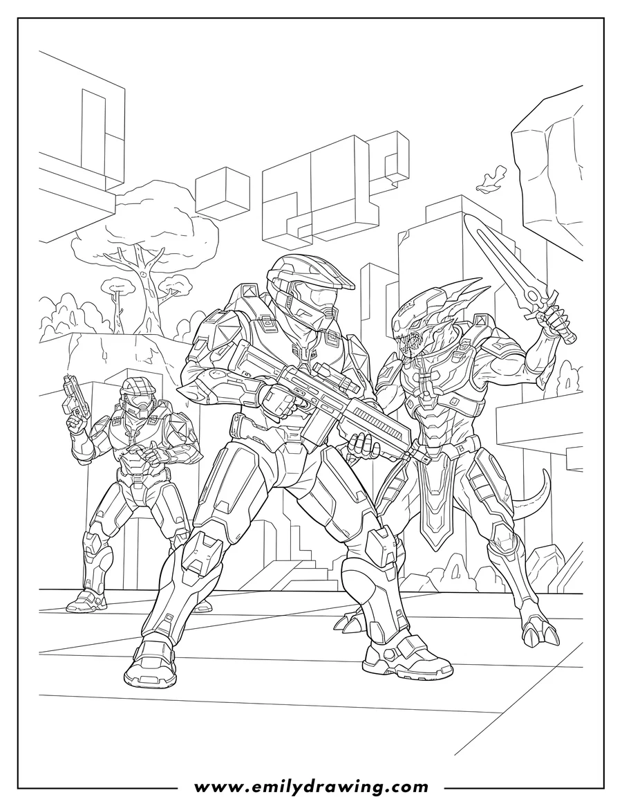 PDF style coloring page: halo Infinite Forge Master Chief John 117 Battle, wielding a rifle, facing an alien Elite with an energy sword, and accompanied by another Spartan