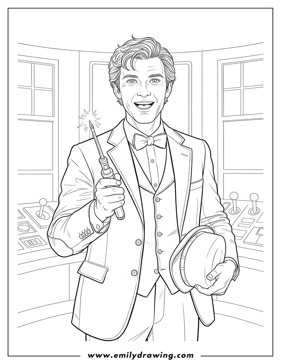 Free printable coloring sheet of matt Smith Eleventh Doctor Who wearing a bowtie and holding a sonic screwdriver