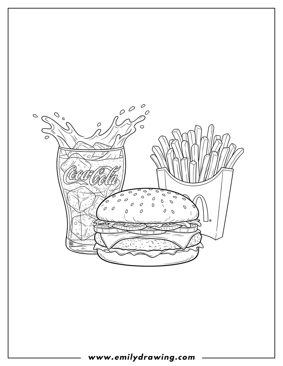 Free printable coloring sheet of realistic Mcdonald S Double Cheese Burger With Fries in an 'M' logo container, and a splashing Coca Cola drink with ice cubes