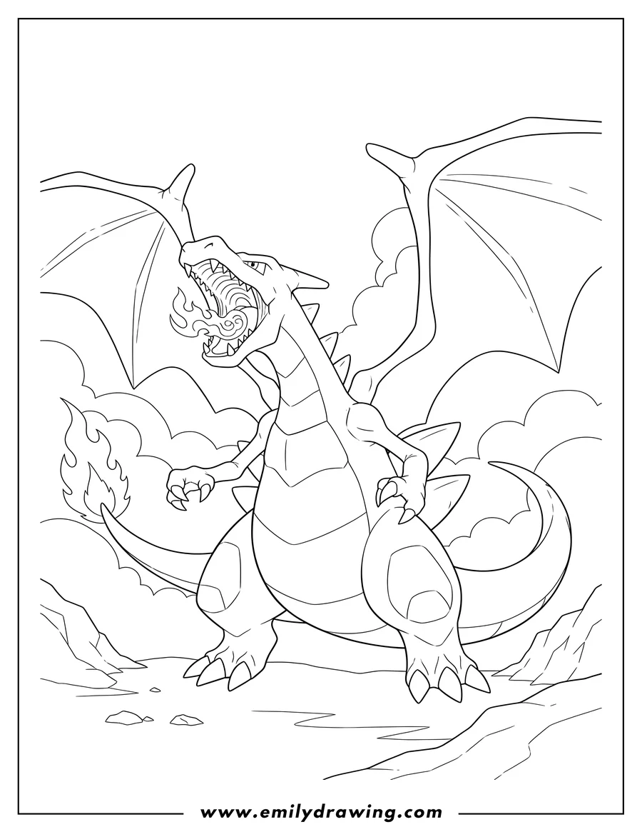Printable line art of mega Charizard X roaring with spread wings