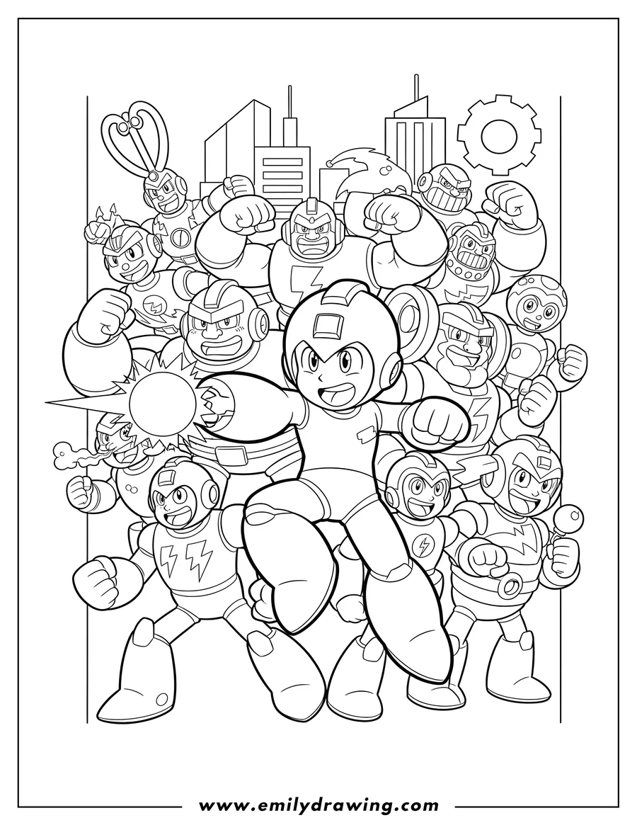 Full page coloring image of mega Man in a powerful, action-ready pose, surrounded by a crowd of various Robot Masters