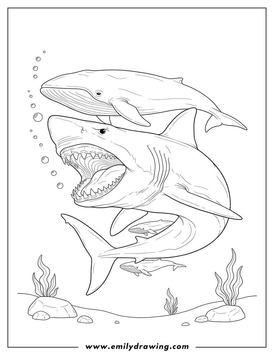 Printable line art of megalodon with open mouth swimming with sperm whales