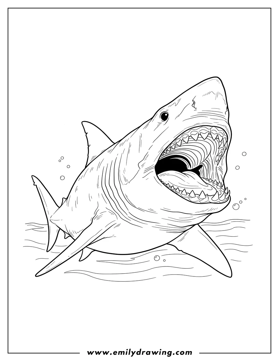 Simple sketch of realistic Megalodon with jaws open, showing sharp teeth to color