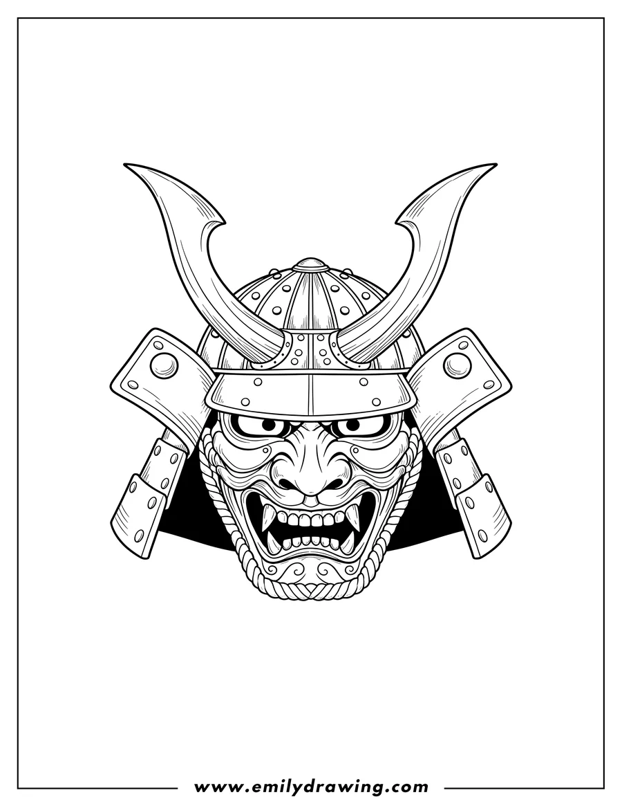 Clean line drawing: realistic Mempo Samurai Mask, part of a samurai helmet with a fierce expression, bared teeth, and prominent horns