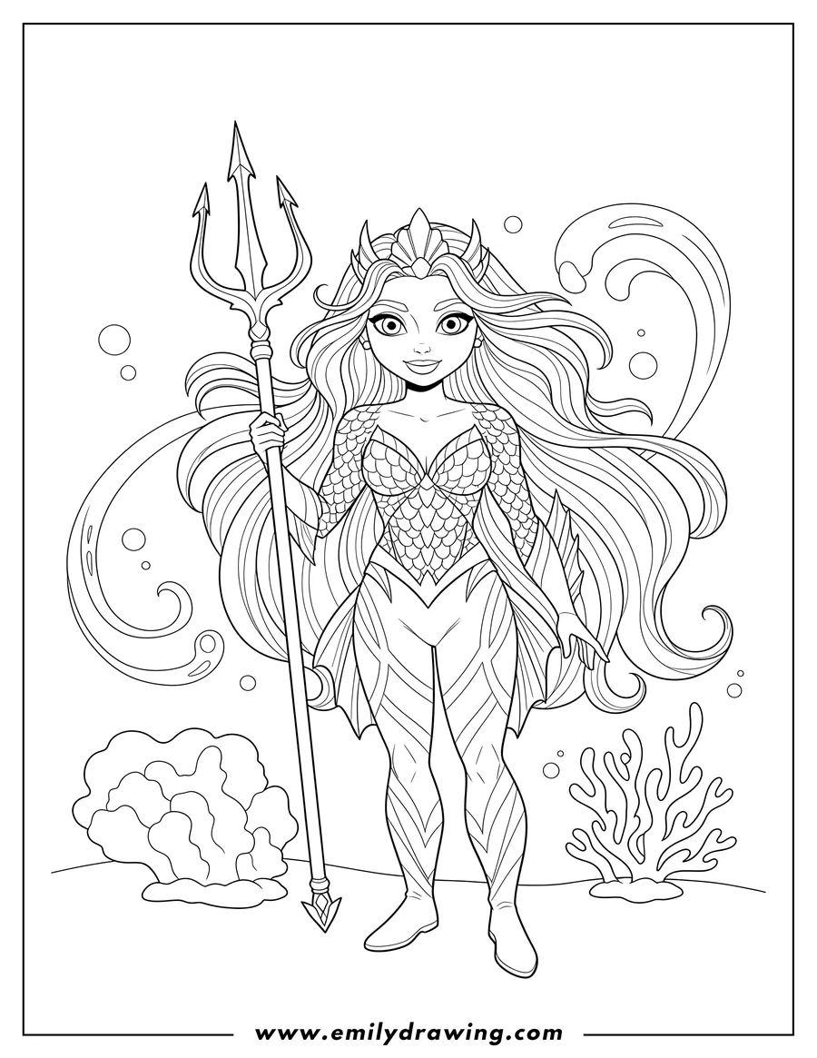 Black and white line art of realistic Mera Atlantis, holding a trident, with flowing hair