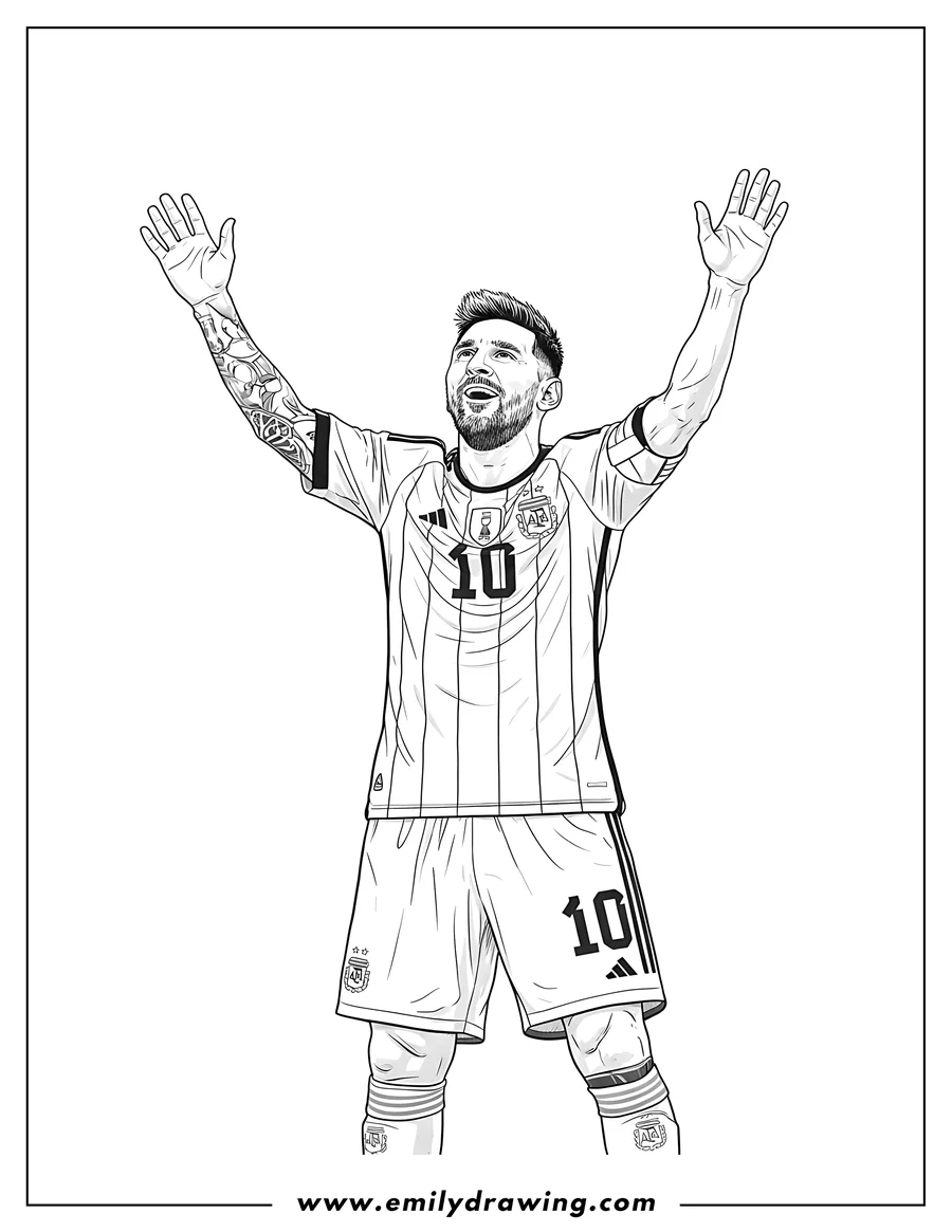 Free printable coloring sheet of realistic Lionel Messi Celebrating with raised arms and an Argentina jersey