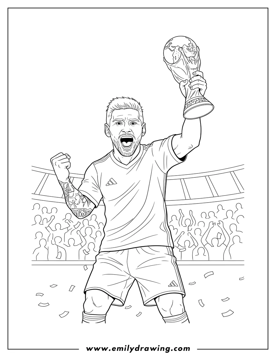 Free to print drawing of realistic Lionel Messi yelling in celebration and clenching his fist while lifting the World Cup Trophy