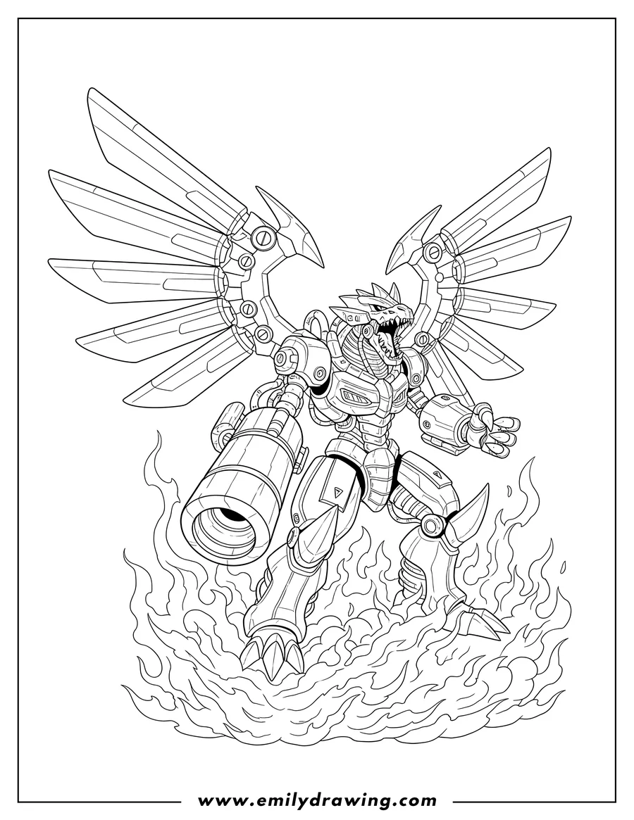 Coloring page for kids: digimon MetalGreymon roaring, with mechanical wings and standing on flames