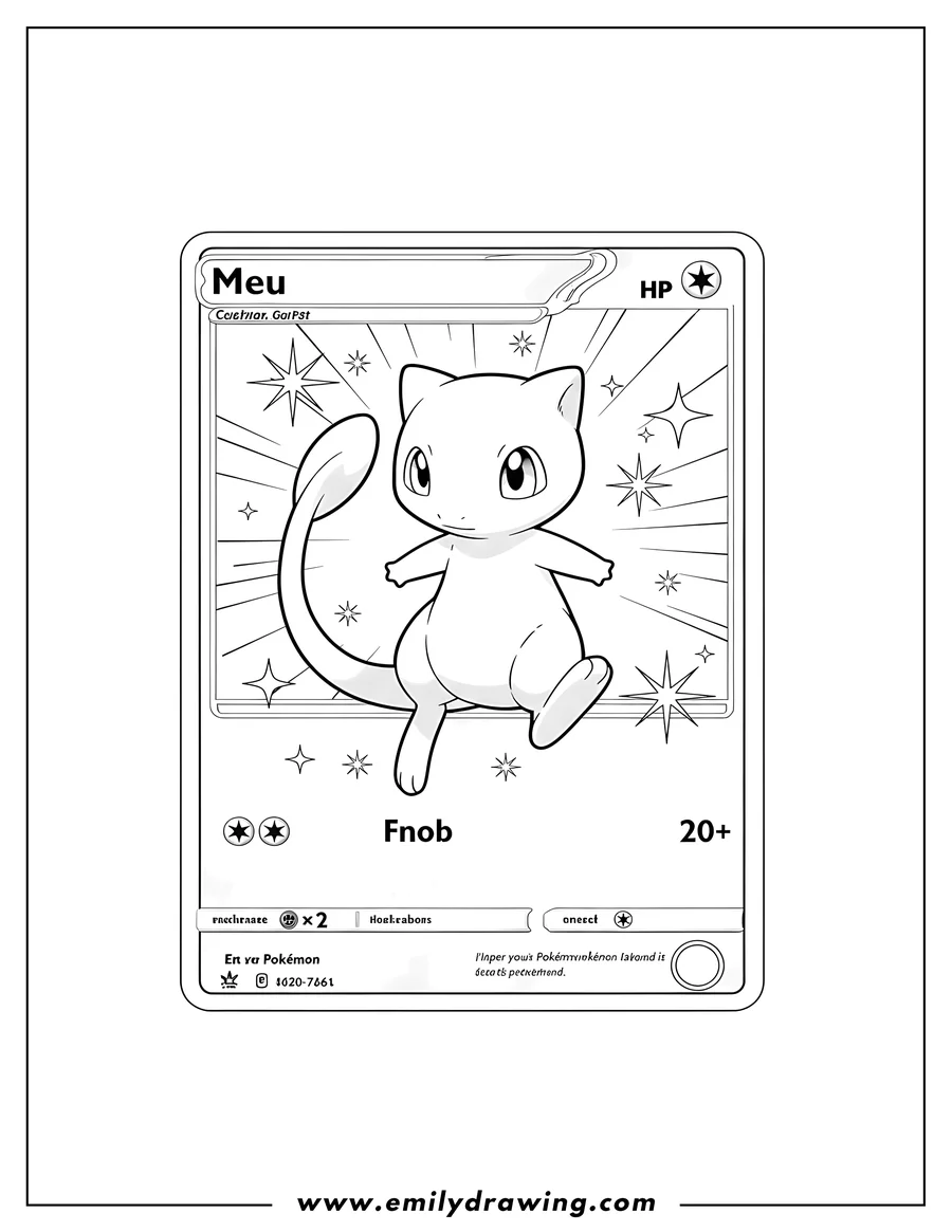 Full page coloring image of mew floating with its tail curled in a spiral, surrounded by starbursts and sparkles, on a Pokemon card