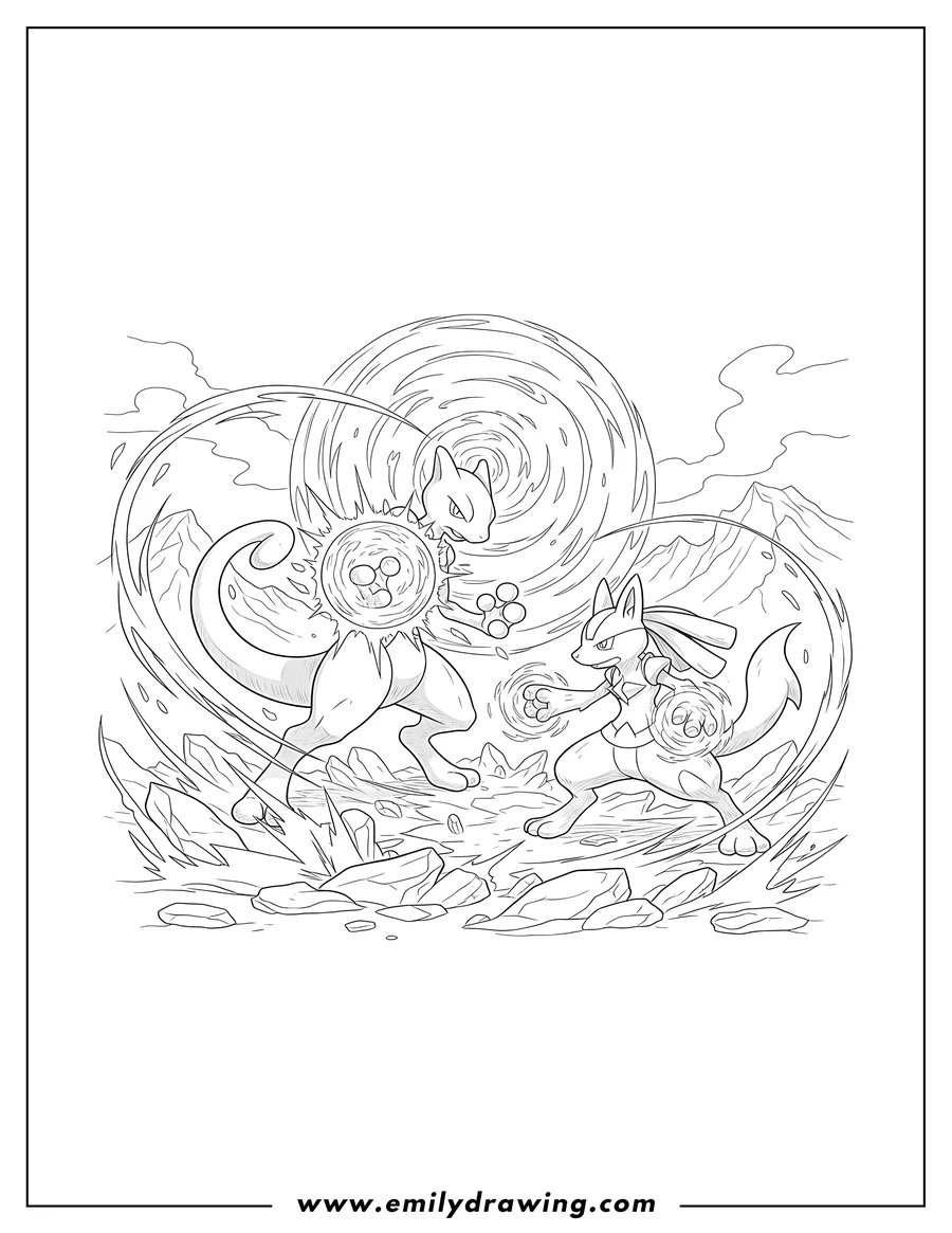 Linear illustration of mewtwo Vs Lucario battling, Mewtwo with an energy ball