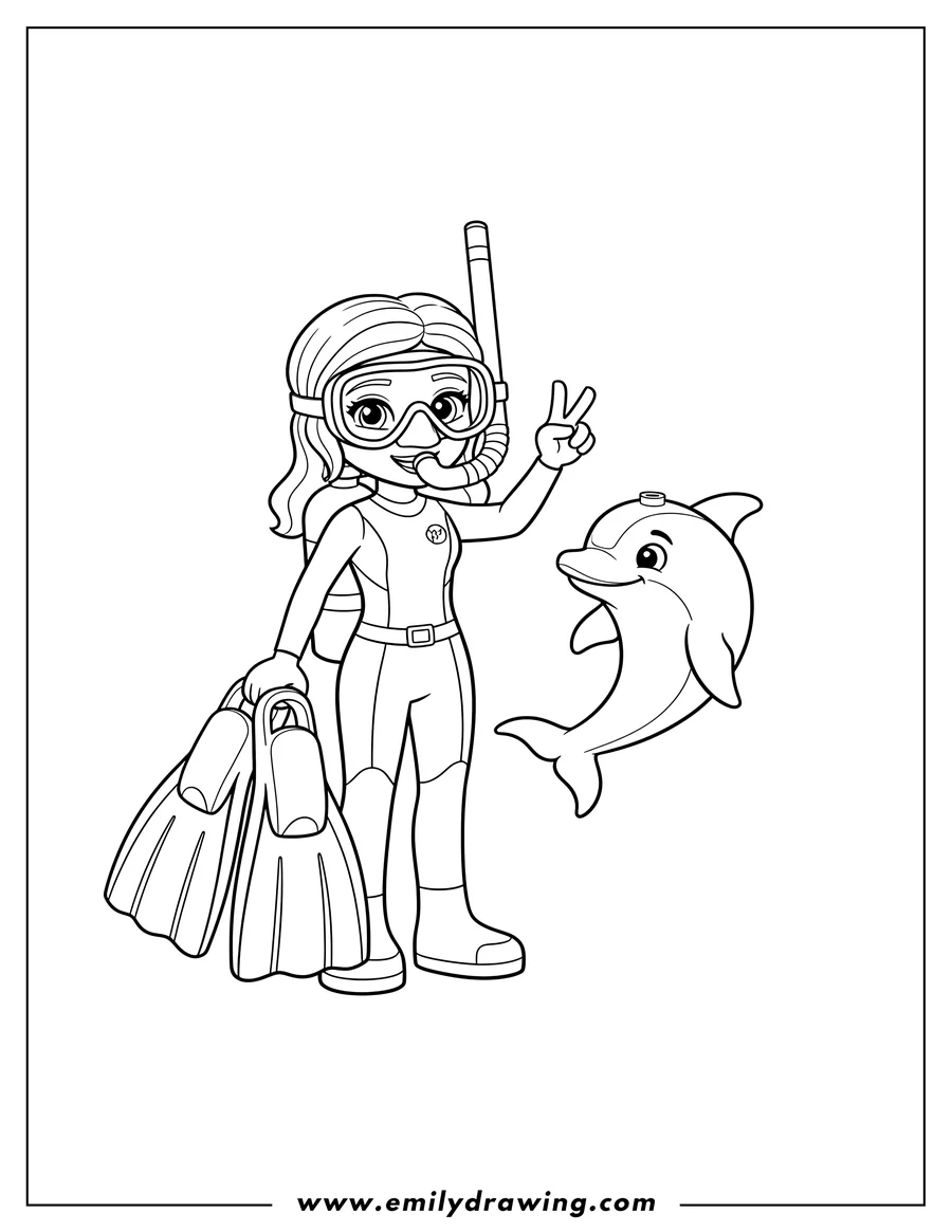 Coloring page of lego Friends Girls On Mission Mia, wearing snorkeling gear with Twister, holding flippers and making a peace sign