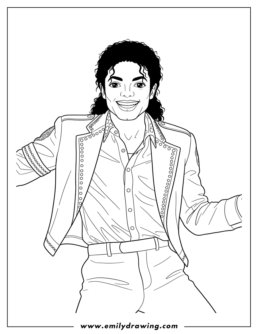PDF style coloring page: realistic Michael Jackson Outline, smiling and wearing an open jacket