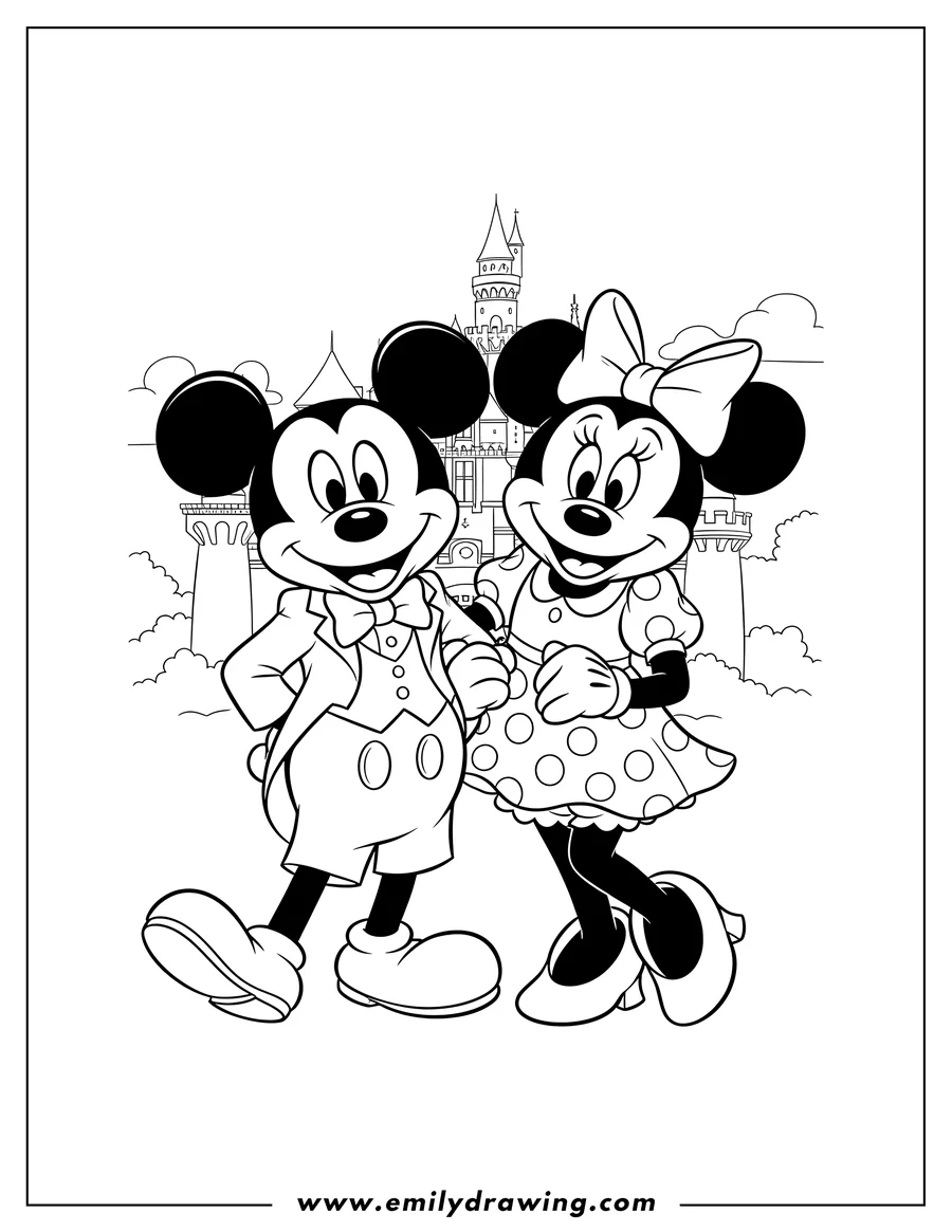 Black and white line art of realistic Mickey Mouse And Minnie Mouse Disneyland Mascots standing side-by-side, smiling, with Minnie linking arms with Mickey