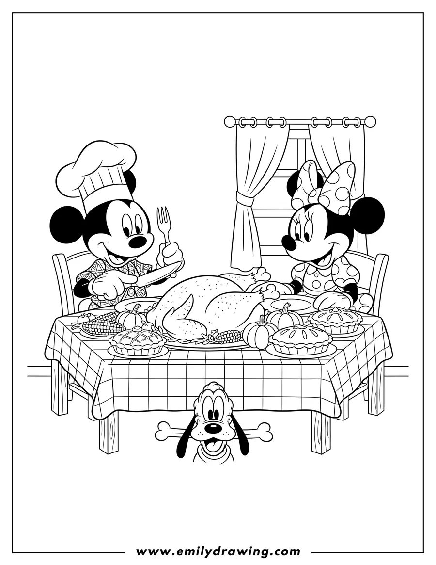 Clean line drawing: mickey Mouse and Minnie Mouse enjoying Thanksgiving dinner with a turkey, while Pluto peeks from under the table