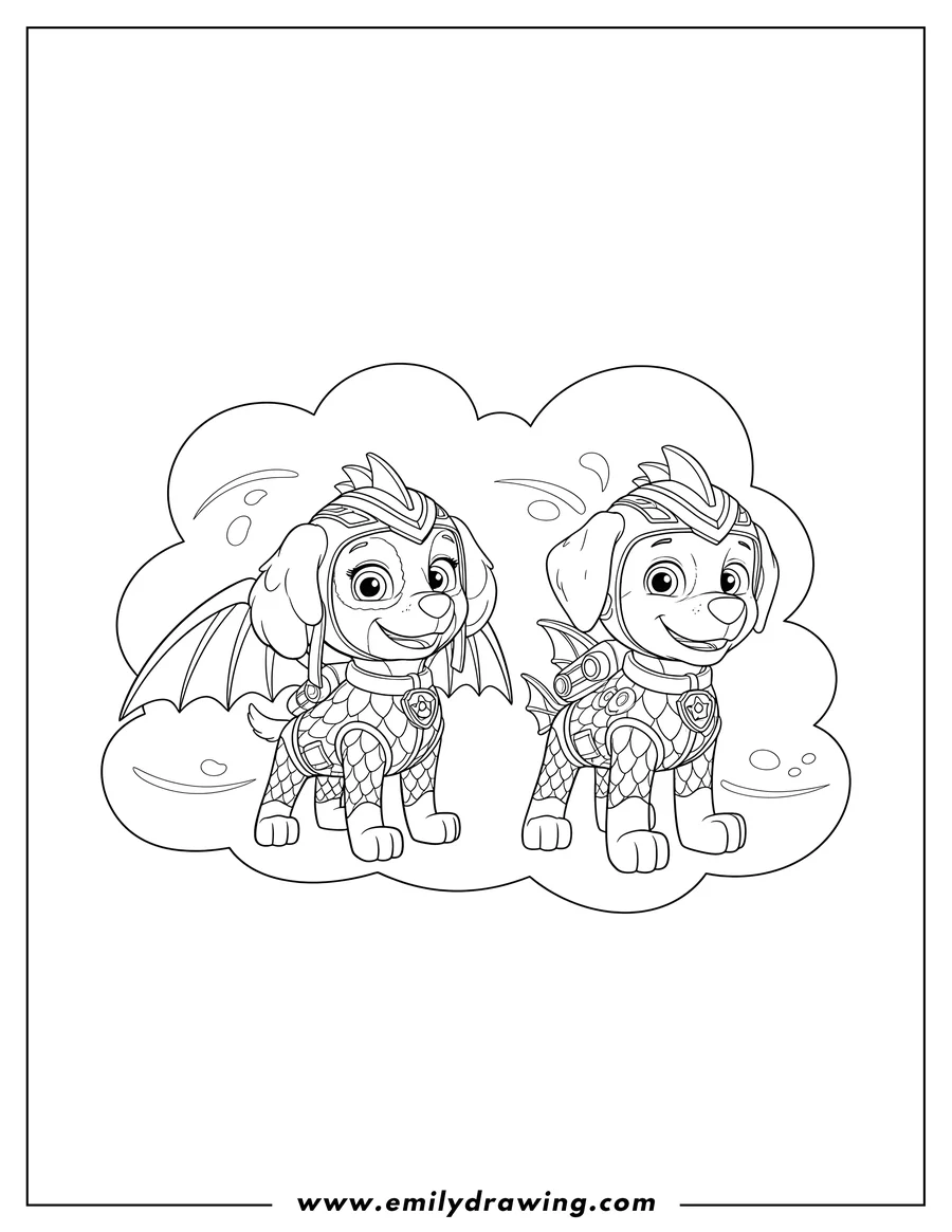High quality printable mighty Pups Super Paws Scaled: Skye and Zuma standing for coloring