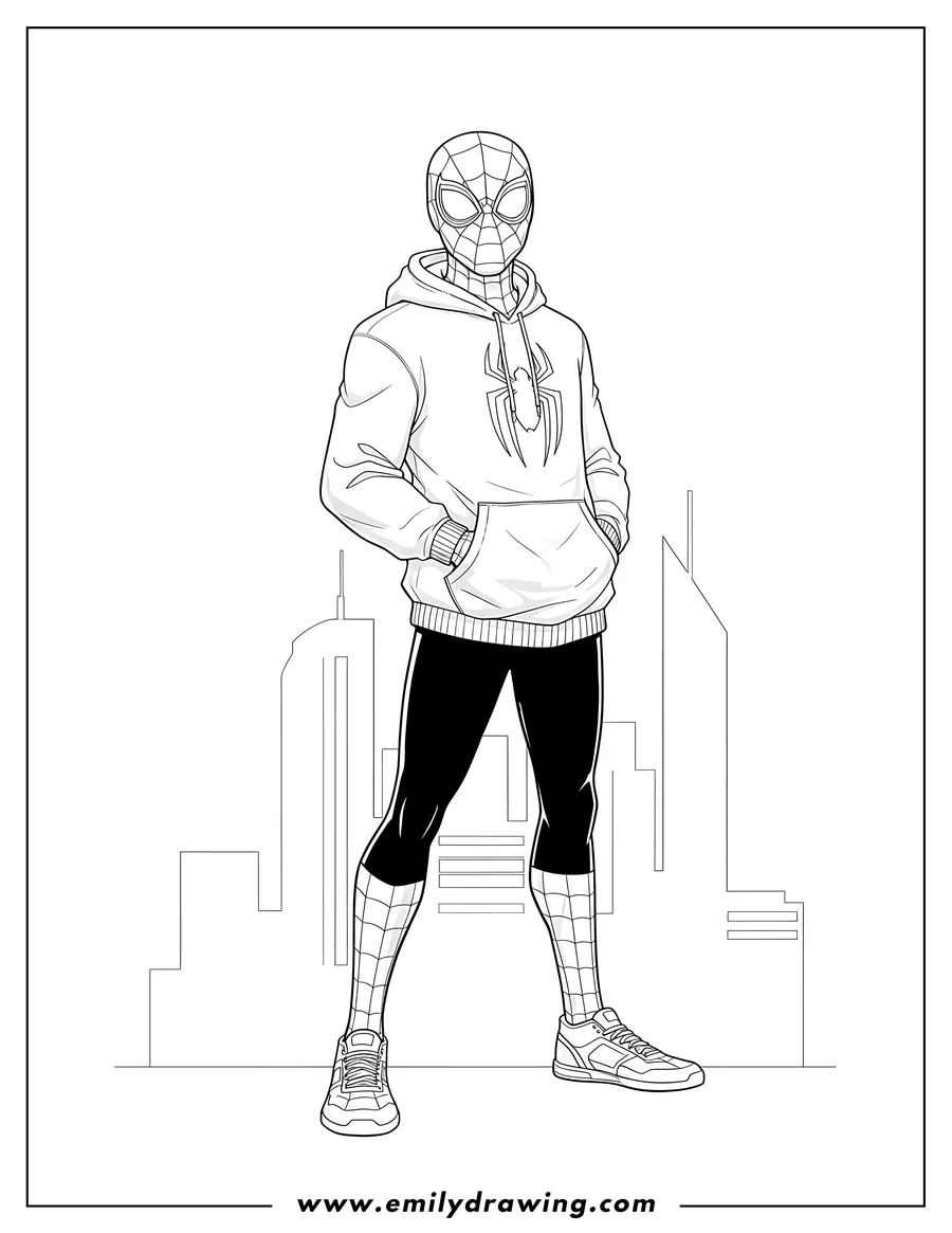 Simple sketch of realistic Miles Morales With Hoodie, hands in pockets, coloring page to color