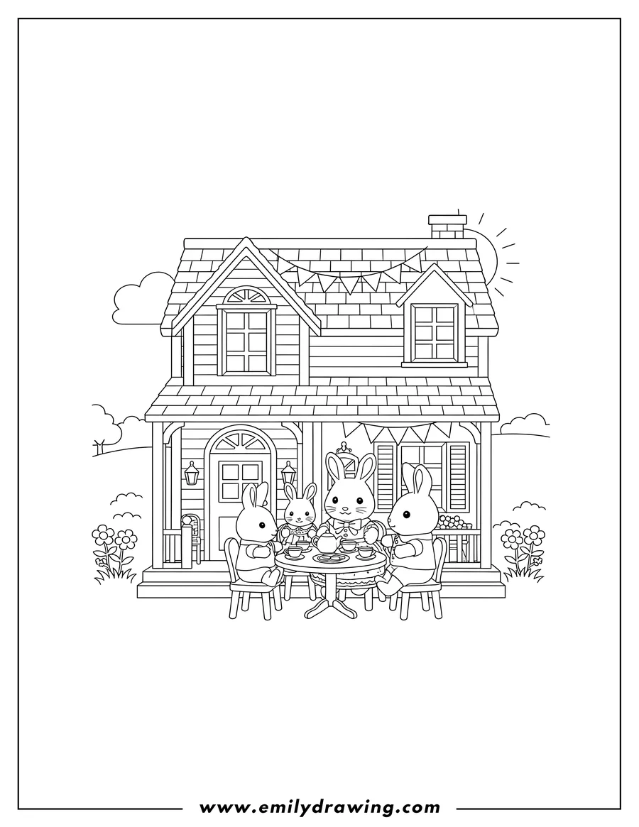 Vector style outline of calico Critters Milk Rabbit Family House, having a tea party