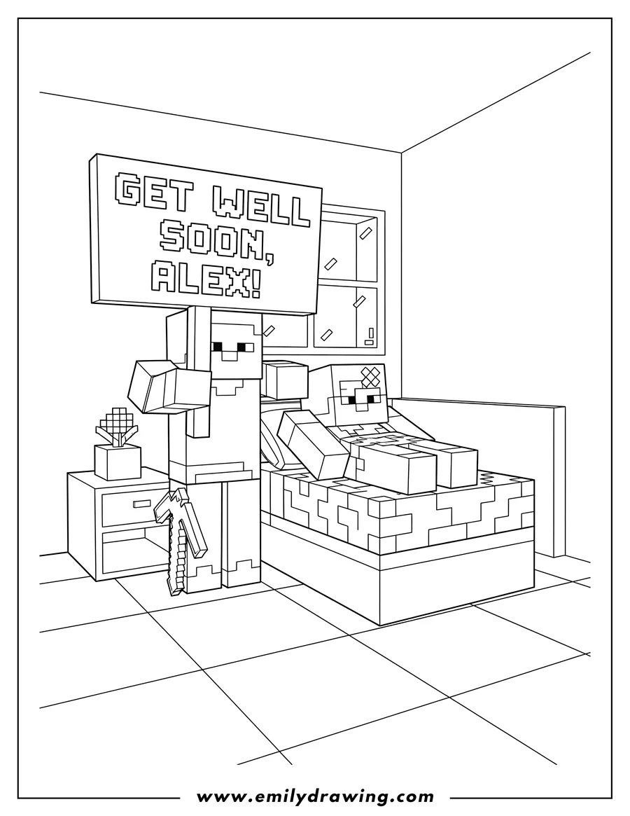 Free printable coloring sheet of minecraft Steve Holding Get Well Soon Sign for Alex in Bed