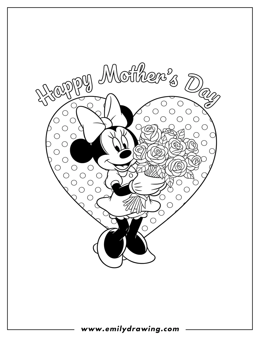 Black and white line art of minnie Mouse holding a bouquet of roses, in a polka dot love heart, with Happy Mother's Day text