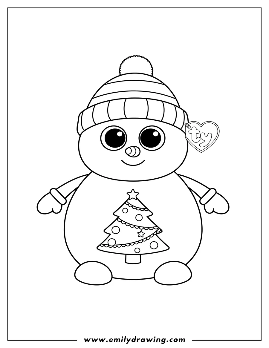 High quality printable christmas Beanie Boo Misty Snowman wearing a striped beanie, Ty tag, and a Christmas tree design for coloring