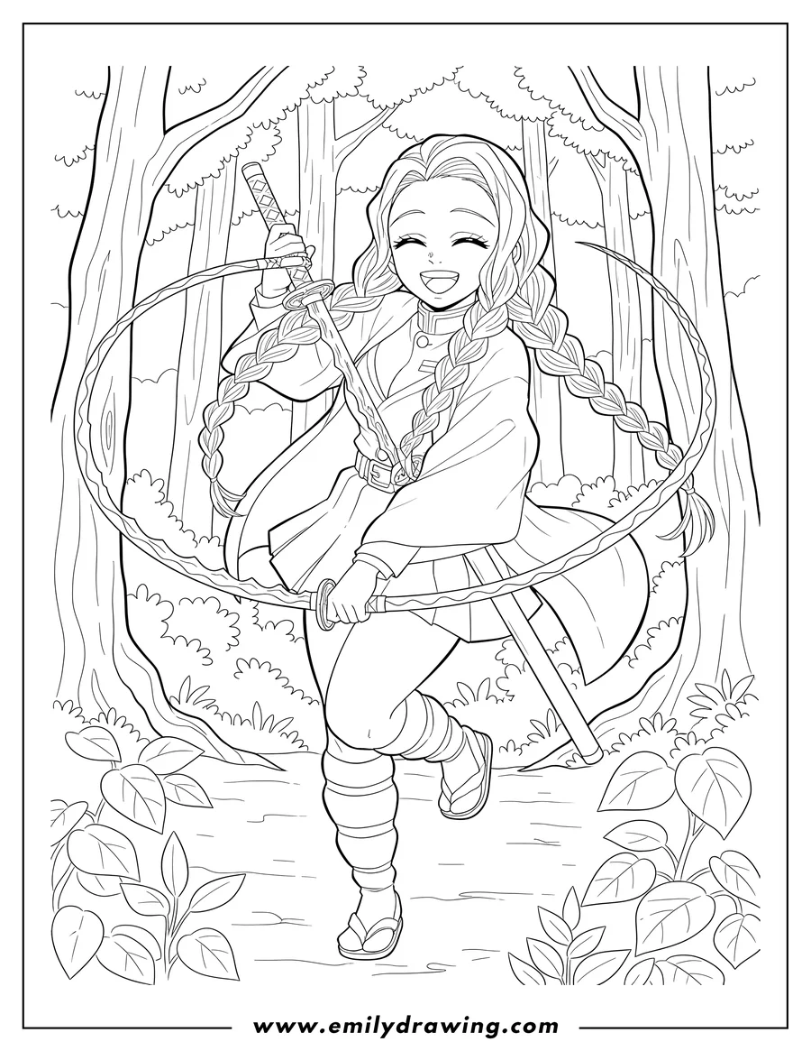 Free printable coloring sheet of mitsuri Kanroji smiling and posing with her sword in a forest