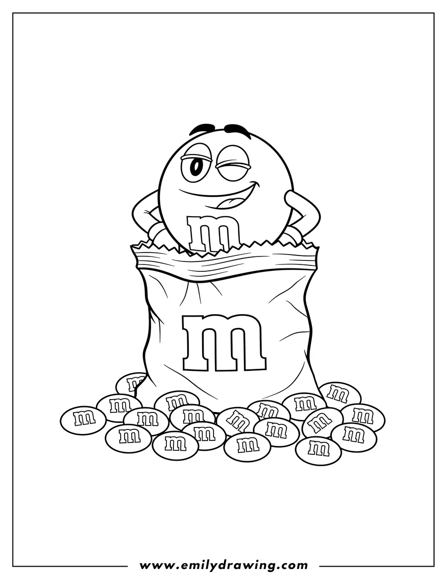 High quality printable realistic M&M's bag, with a winking M&M character emerging and candies spilling for coloring