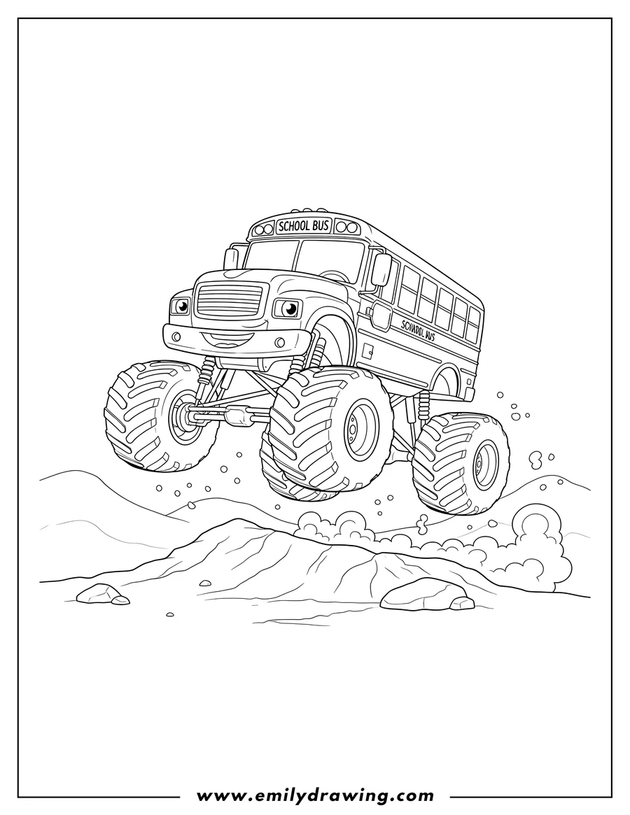 Printable line art of monster Truck School Bus jumping high with giant wheels, kicking up dirt