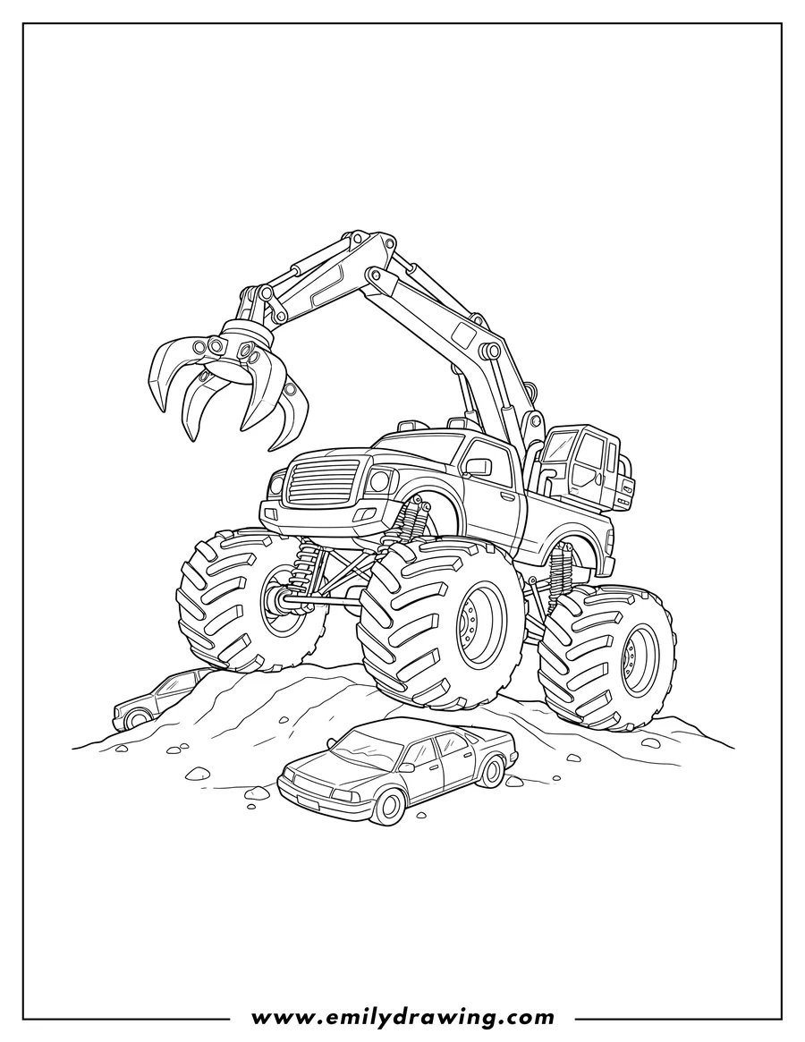 Coloring page of realistic Monster Truck with large wheels and excavator claw arm mounted on the back