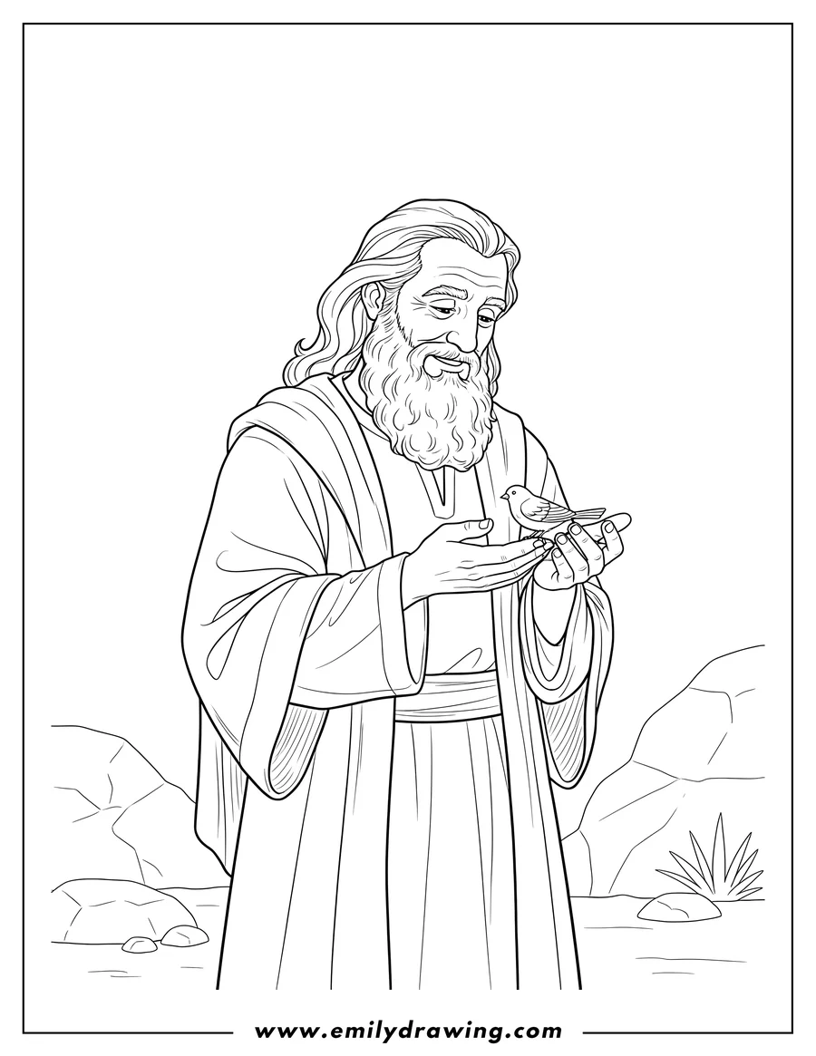 Full page coloring image of realistic Moses looking down at a small bird cupped in his hands