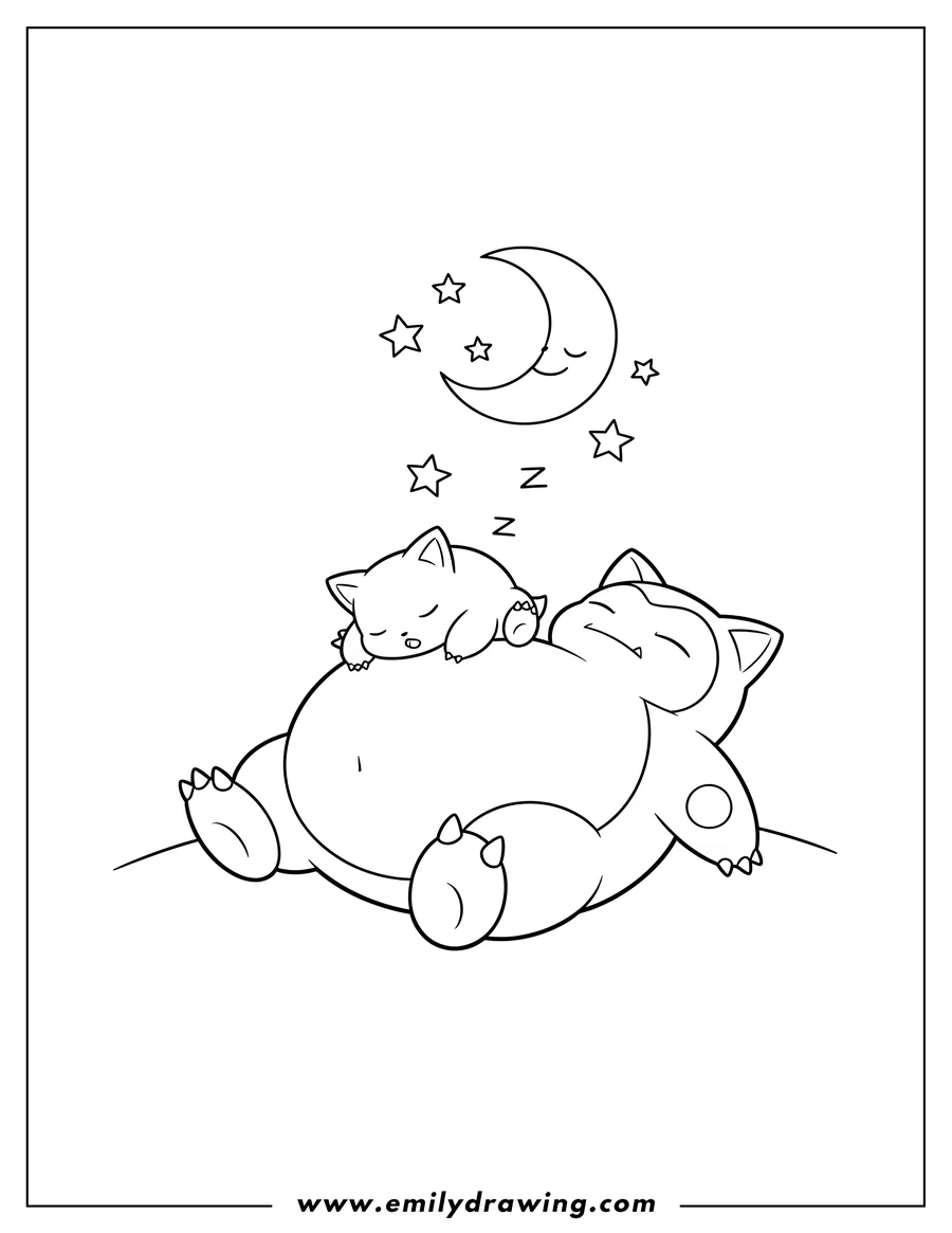 Linear illustration of detailed Munchlax sleeping on Snorlax's belly under a crescent moon and stars