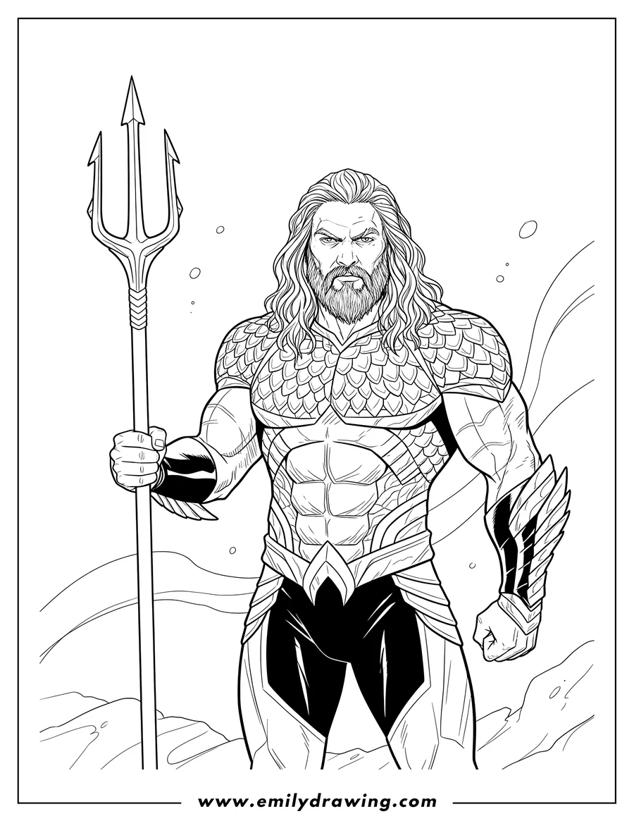 Vector style outline of muscular Jason Momoa As Aquaman with long hair, beard, and a serious expression, wearing armor, holding a trident over his shoulder