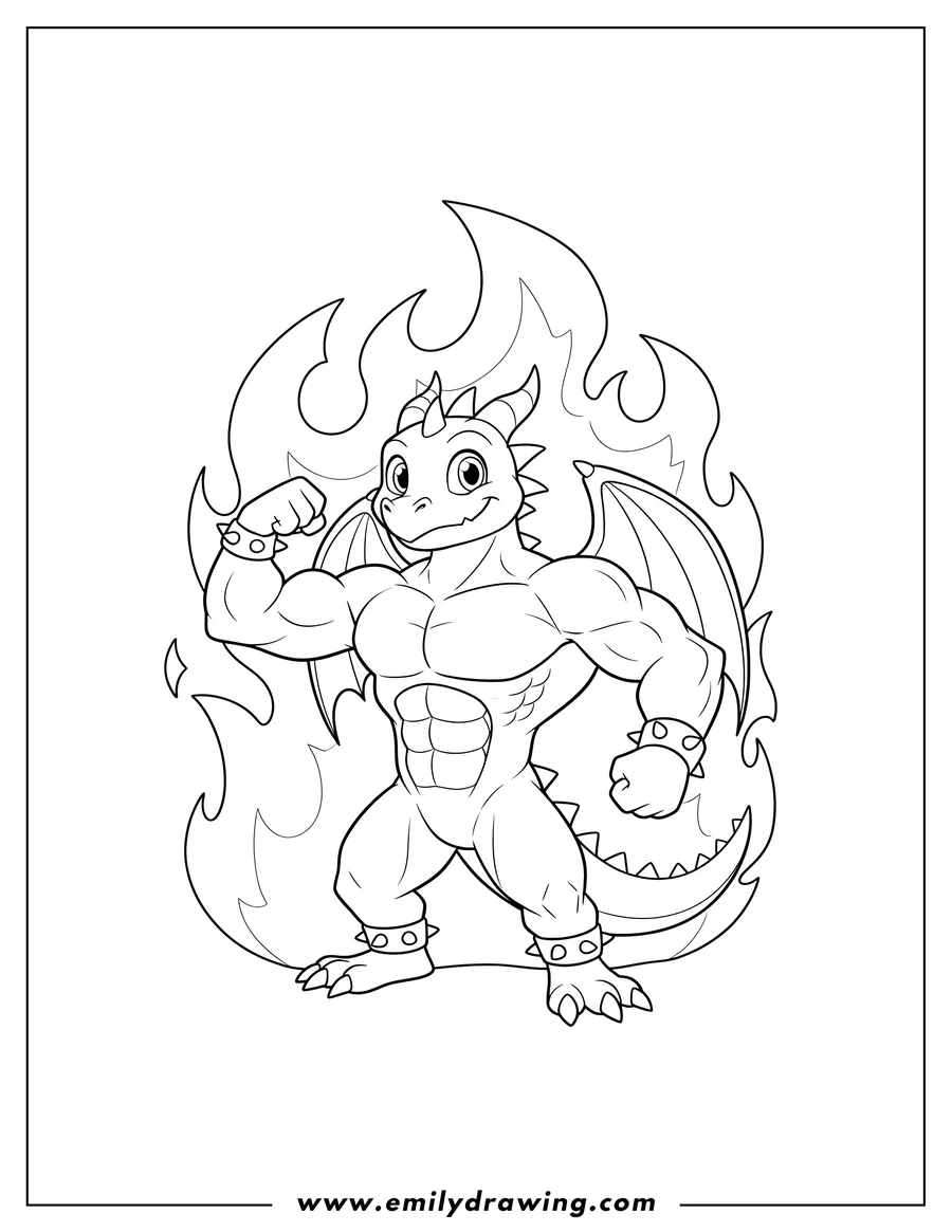 Printable line art of smiling, muscular Spyro standing and flexing in front of flames