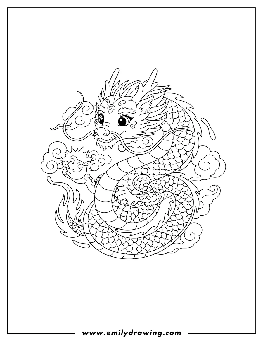 Clean line drawing: mythical Dragon, coiled, Asian style