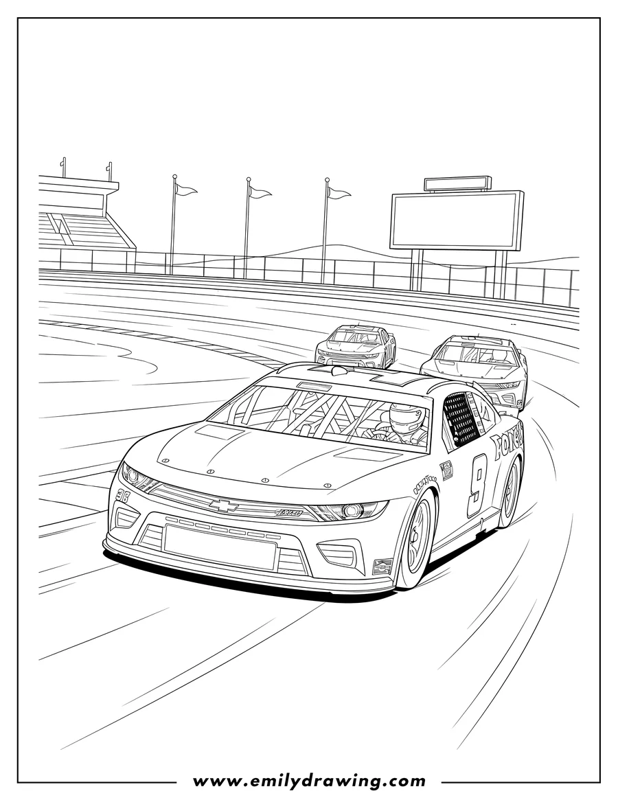 Full page coloring image of realistic Nascar Cup Series Cars On Race Track, with multiple cars racing and a driver in the lead car