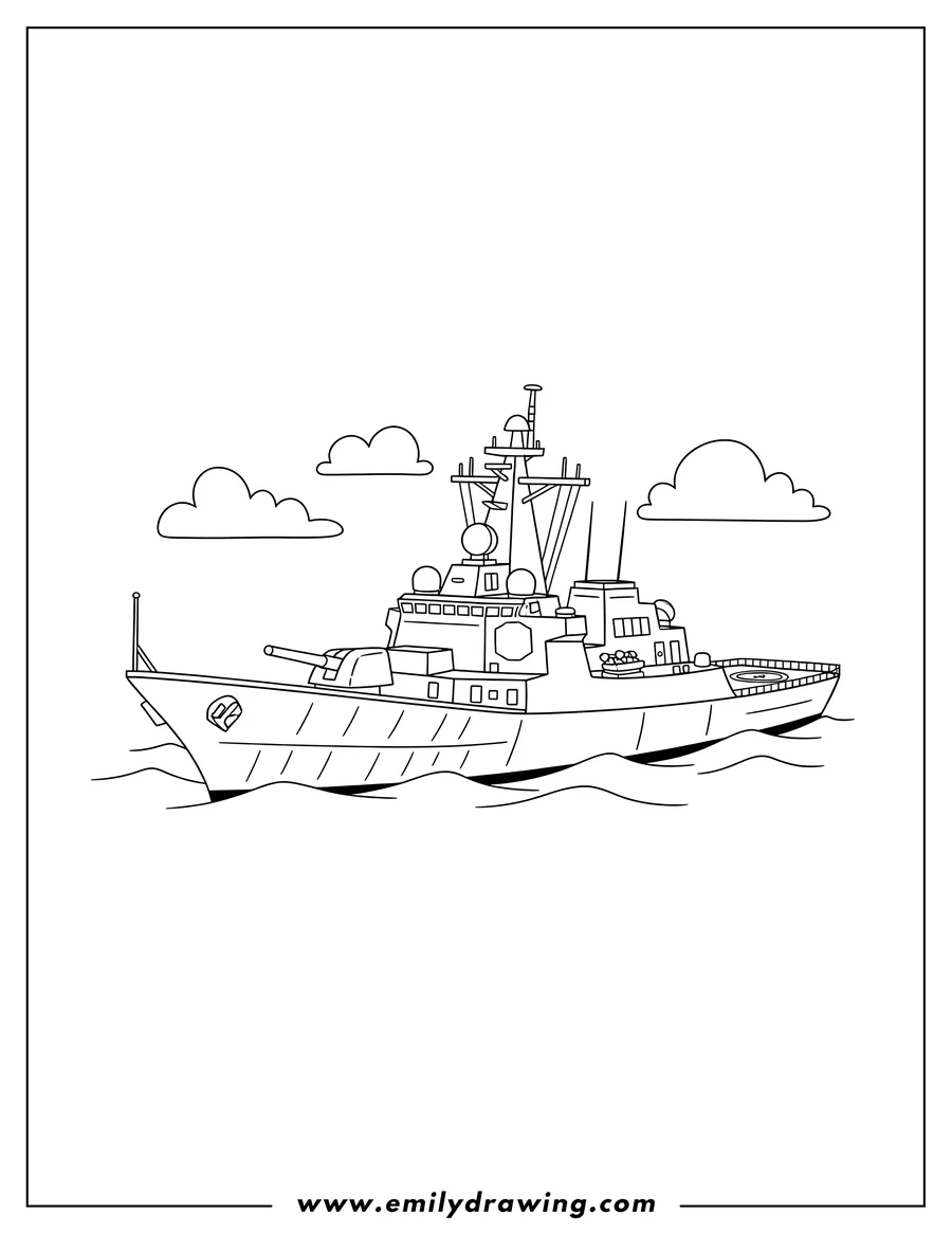 Clean line drawing: navy Destroyer Warship Scaled, a modern warship with detailed superstructure, seen from the side