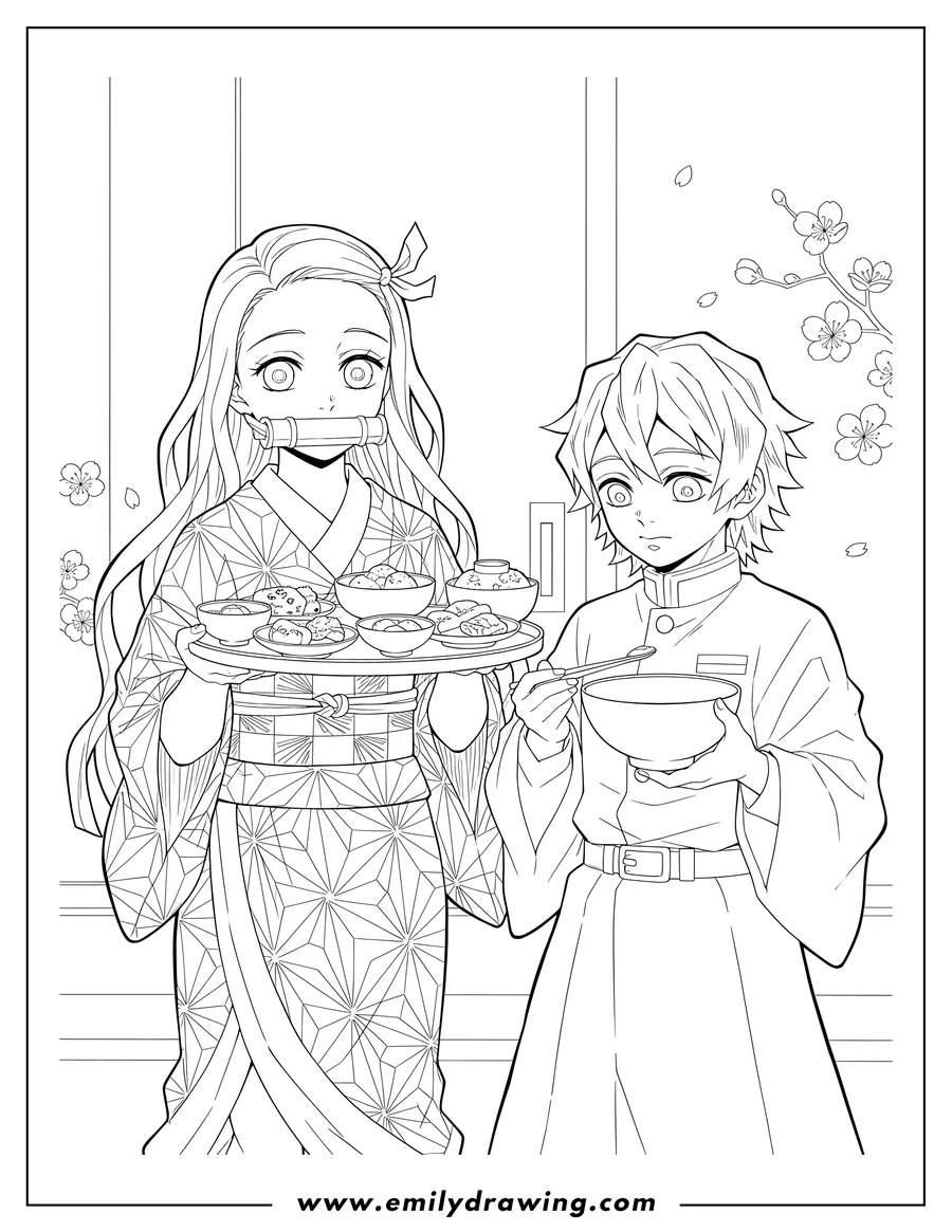 Linear illustration of nezuko with a bamboo muzzle carrying a tray of food, and Muichiro holding a bowl of food