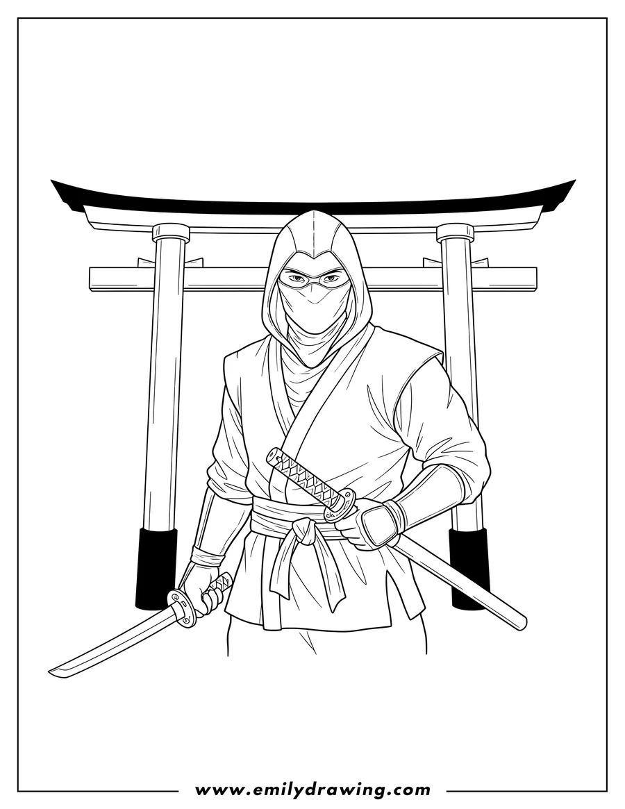 High quality printable realistic Ninja Front Torii, masked, holding a partially drawn sword for coloring