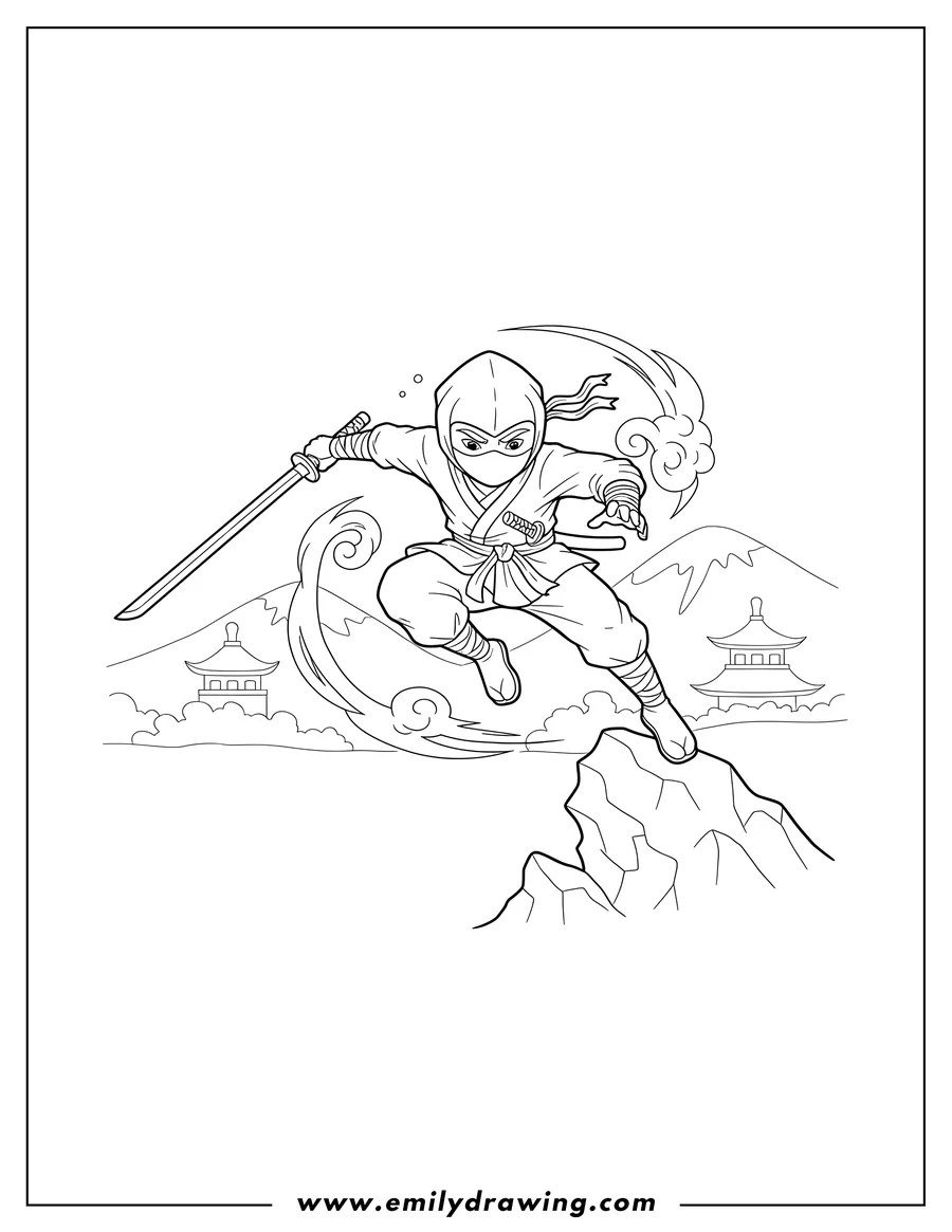 PDF style coloring page: ninja Legends, ninja jumping with a sword