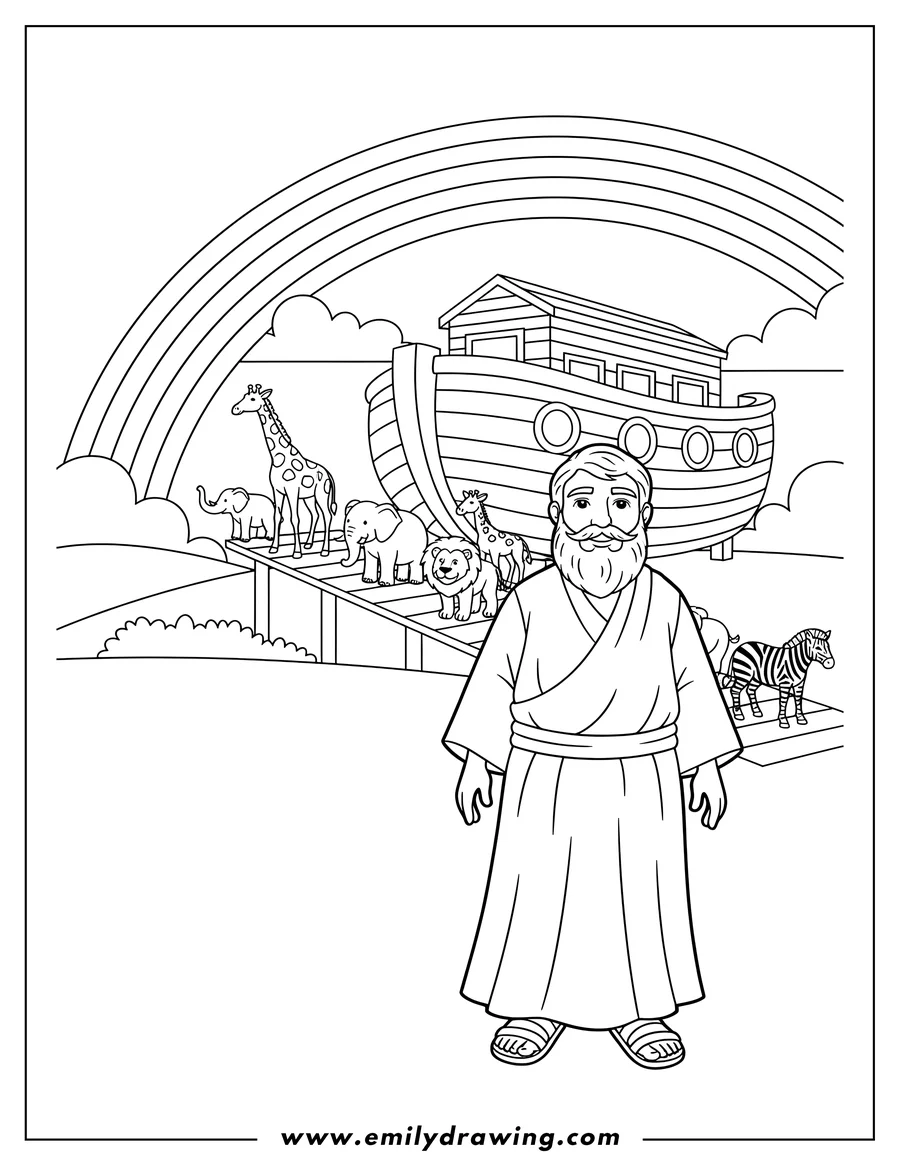 Coloring page of realistic Noah in the foreground with a beard, looking forward, as animals exit the ark on a ramp, under a rainbow
