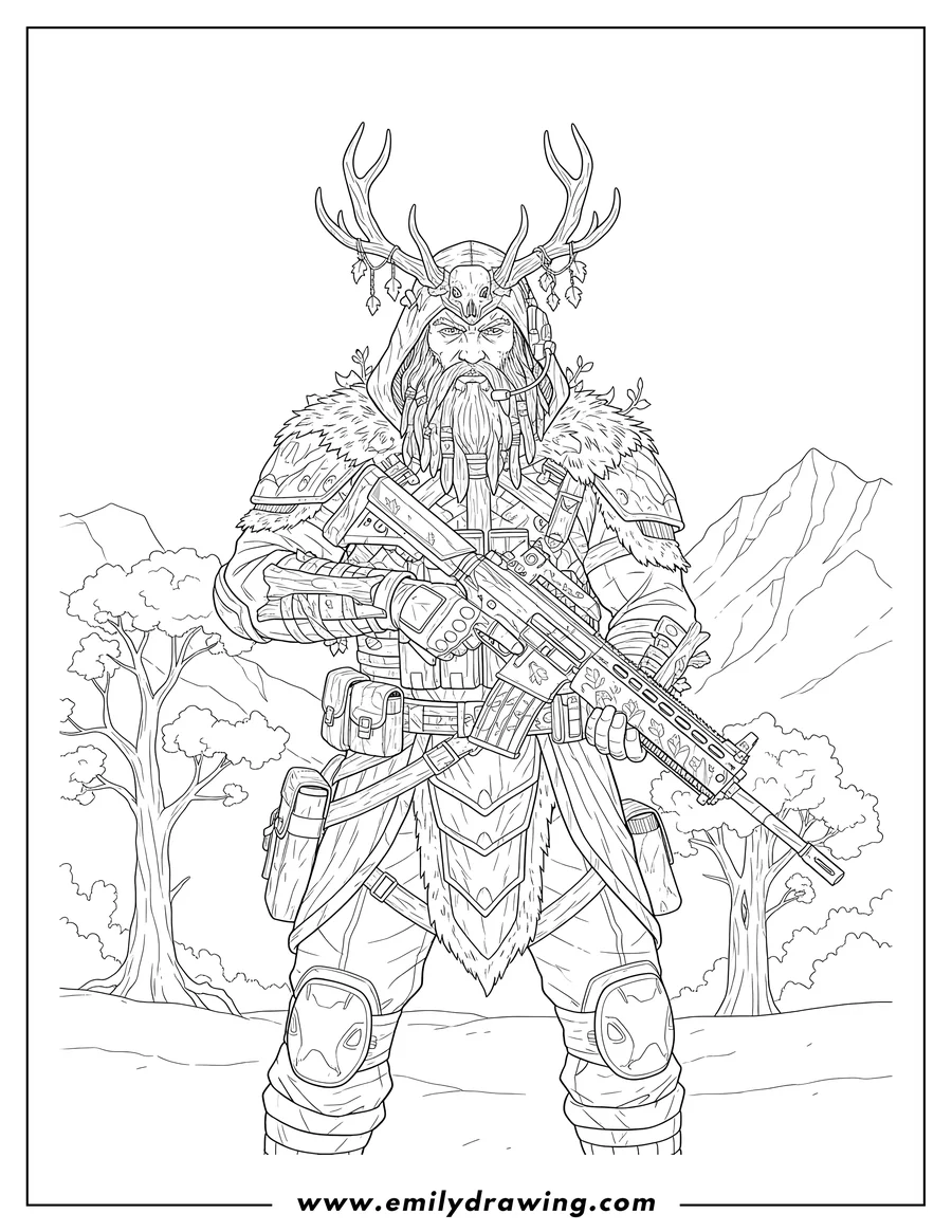 Vector style outline of epic Nomad Druid Skin from Call of Duty Mobile holding a rifle and wearing a tactical headset