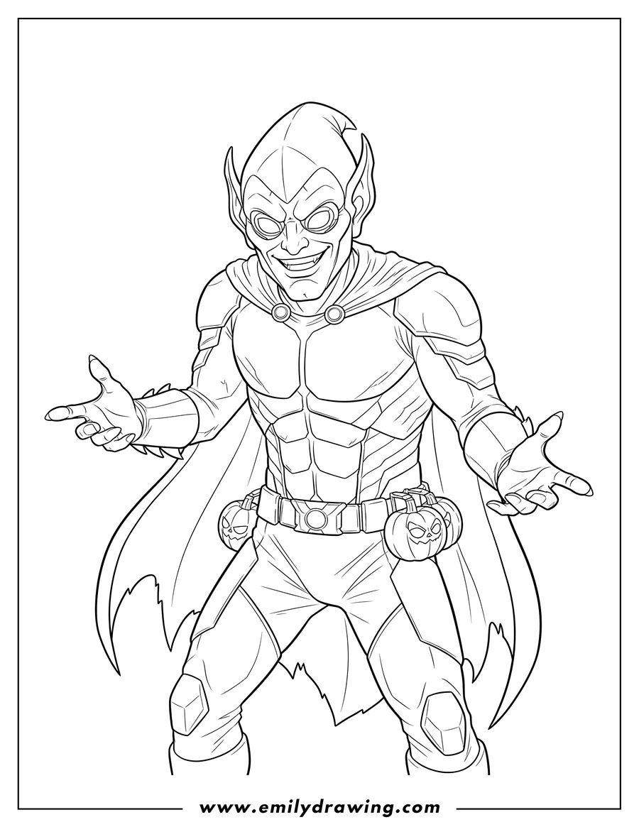 High quality printable realistic Norman Osborn Green Goblin Costume, wearing a hood and goggles, smiling for coloring